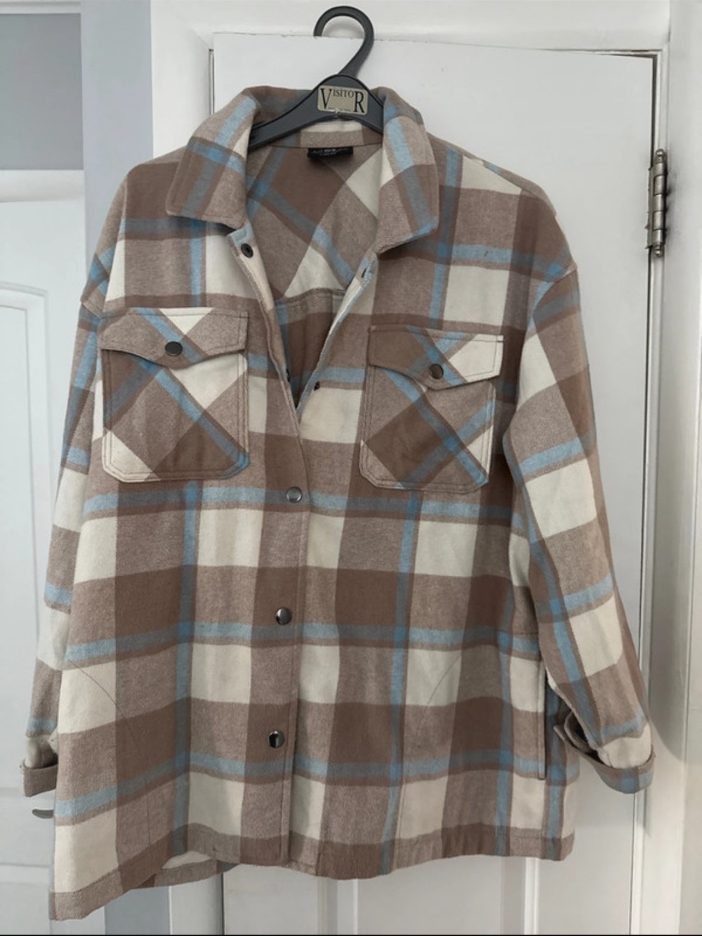 Plaid Utility Shacket in Brown, Cream & Light Blue